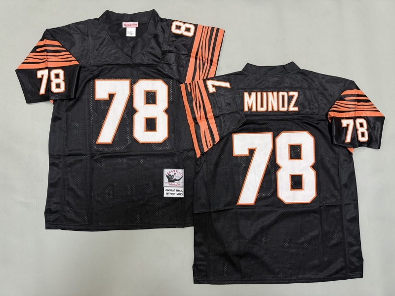 Men 2025 Cincinnati Bengals 78 Munoz black Throwback Limited NFL Jersey style 001
